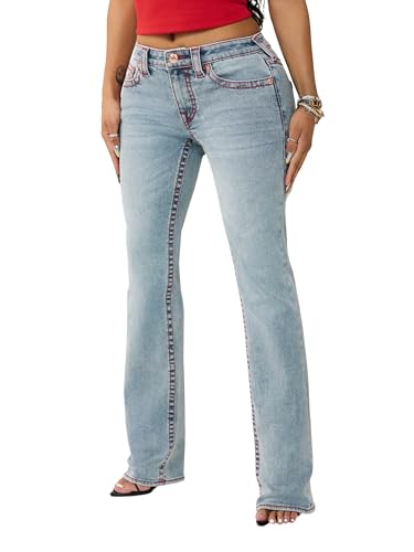 True Religion Women’s Billie Big T Stitch Straight Jean – Mid Rise, Stretch Denim, Signature...