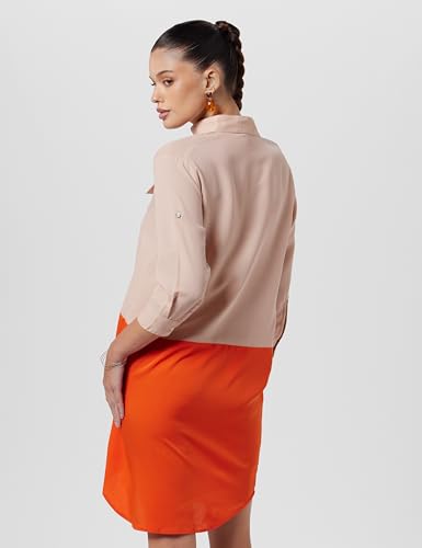 Image of Miss Chase Women's Beige and Orange Round Neck 3 /4 Sleeves Solid Colorblock Mini Shift Dress