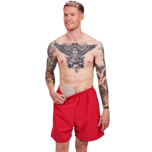Men's Ostomy Swim Short | Colostomy Bag Holder | Ostomy Clothing | Stoma Bags | Ostomy Bag Cover | White Rose Ostomy| 19.99 (Red,XL)