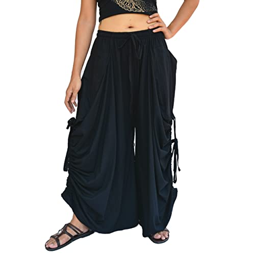 Sakoonee Women's Harem Pants Palazzo Dhoti Pants Lounge Trousers, Convertible to a Skirt 2 Pockets Cotton Black, One Size