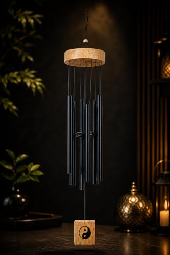 Image of GJ Premium Wooden Wind Chimes for Home & Office | 7 Pipe Metal Rod Wind Chimes with Wooden Top 16-24 CM Tubes | Soothing Sound, Positive Energy for Balcony, Entrance & Garden (Black1)