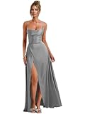 Nicktane Open Back Bridesmaid Dresses - Satin Prom Dress Long Wedding Evening Gowns with Slit Silver Grey US28