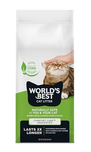 WORLD'S BEST CAT LITTER Comfort Care Unscented, 32-Pounds - Natural Ingredients, Quick Clumping, Flushable, 99% Dust Free & Made in USA - Long-Lasting Odor Control & Easy Scooping