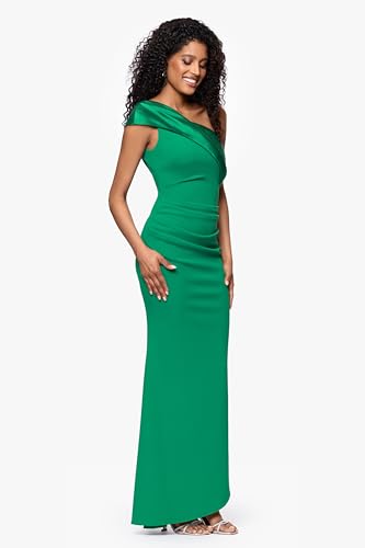 Image of Betsy & Adam Women's Floor-Length, Off-the-One-Shoulder, Miakdo Draped Detail, with Fitted Silhouette, Green, 4