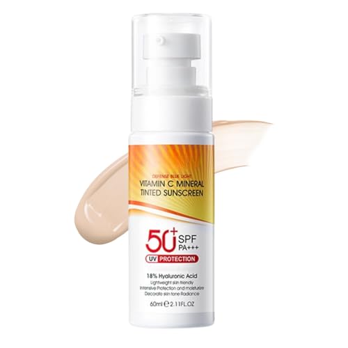 Vitamin C Mineral Getönte Sonnencreme Gesicht 50, Leichte LSF 50 Gesichtssonnencreme,Hyaluronsäure & Blaulichtschutz, 50+ SPF PA+++ Sunscreen, Wasserfeste Feuchtigkeitscreme für Strahlenden Teint