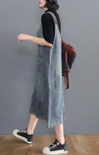 Image of ebossy Women's Sleeveless V Neck Denim Overall Jumper Dress Casual Loose Double Spaghetti Straps Midi Jean Dress