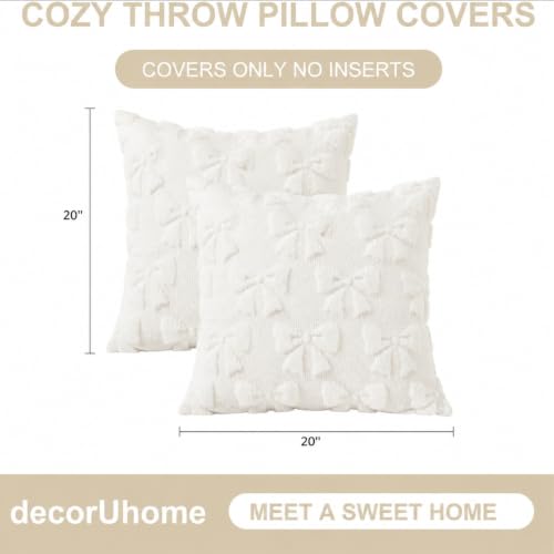 Image of decorUhome Cream White Bow Pillow Covers Set of 2 Coquette Aesthetic Cute Preppy Plush Faux Pillowcases for Girly Bedroom or Couch 20x20 Inch