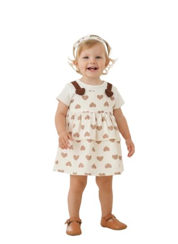 Image of A.T.U.N. (ALL THINGS UBER NICE) Baby Girls 100% Cotton Pinafore Dress with Inner Look Top | Cute Heart Print Design | Soft Touch Flared Fit | Comfortable Stylish Outfit for Babies