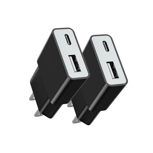 TOPWE USB 充電器 コンセント Type-C USB-C 小型 超薄型 【PSE技術基準・1A/5W出力・USB-Cポート＋USB-Aポート 】 タイプc 充電器 iPhone/Android Galaxy S22/S10 Xperia AQUOS Arrows Pixel 各種対応 (ブラック, ２個セット)