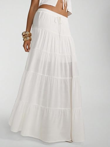 Image of Women's Boho Maxi Skirt Ruffle Flowy Low Rise A Line Beach Long Skirts | Flared Ruffle, Elastic Waist, Summer Vacation Skirts