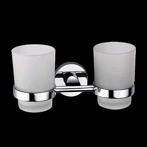 Toothbrush Glass Tumbler with Holder Stainless Steel Chromed (Double Tumblers)