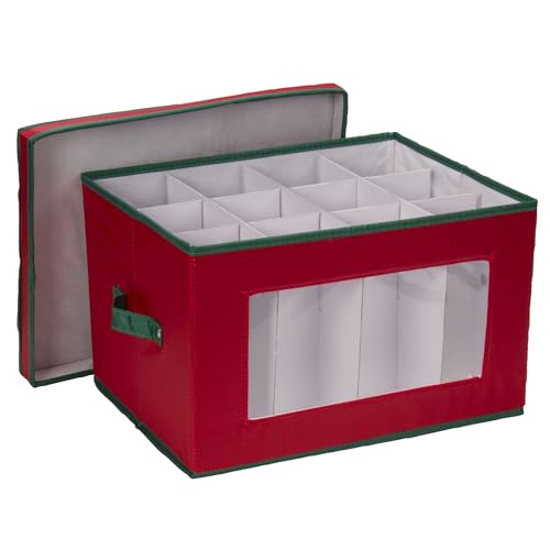 Household Essentials 540RED Holiday China Storage Chest with Lid and Handles, Cocktail Glasses and Red Canvas with Green Trim