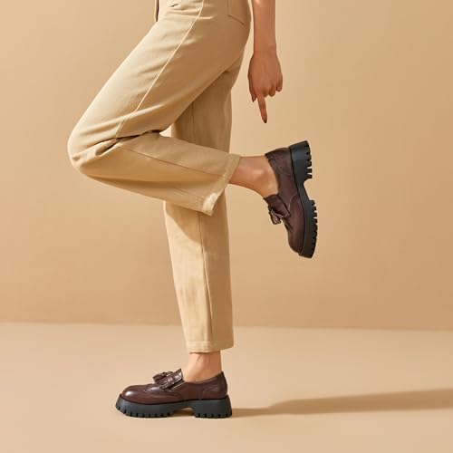 Image of BEAU TODAY Chunky Loafers for Women, Women's Leather Platform Loafers, Lug Sole Tassel Slip On Loafers Shoes Brogues Wingtip Casual Business Shoes Comfortable Dressy