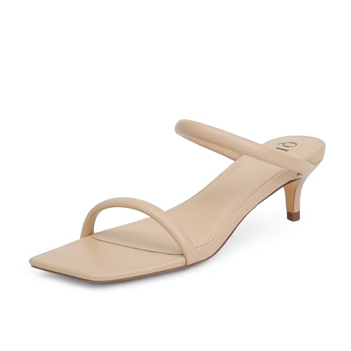 Kitten Heels Women Two Strap Heels Open Square Toe Heeled Sandals Low Heels for Women Slip on Slide Sandals