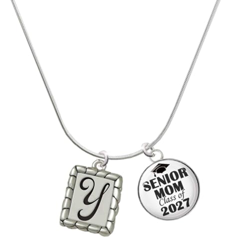 Delight Jewelry Silver Plated Pebble Border Initial - Y - Senior Mom Class of 2027 Dome Necklace, 18"