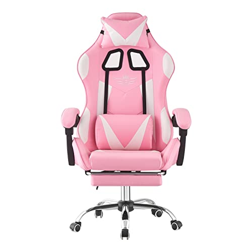 Jamiah Gaming Chair Faux Leather Racing Computer Chair Adjustable Height Tall and High Back with Headrest Lumbar Support Footrest, Computer Chairs Swivel (Without LED, Pink)