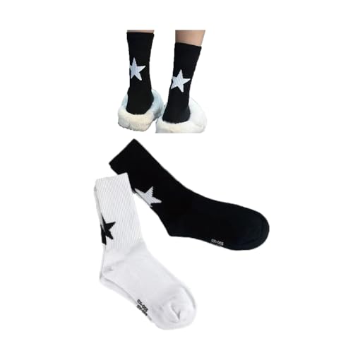 Star Socks 2-Pairs Cute White Black Star Women’s Soft Cotton Rib Mid-Calf Socks