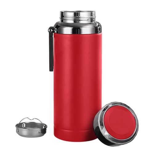 Botellas de agua aisladas de acero inoxidable, con asa de transporte, sin BPA, aspiradora de doble pared, a prueba de fugas, taza de té y café de boca ancha (B-rojo, 1000 ml)
