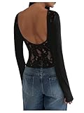 SOLY HUX Women's Lace Sheer Backless Top Y2k Long Sleeve Open Back T Shirt Going Out Tees Streetwear Solid Black Medium
