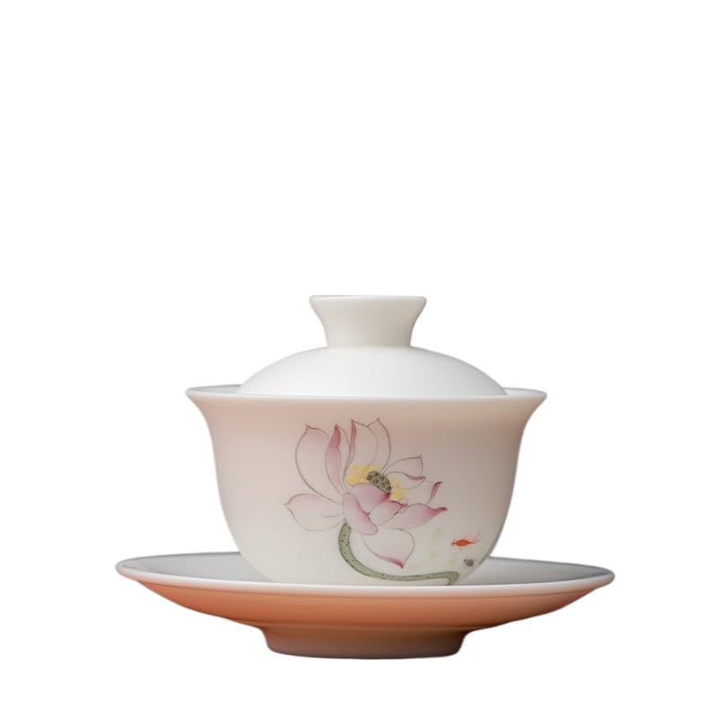 AXXPIV Hand Drawn Lotus Three Talent Bowl, Tea Bowl, Sheep Fat Jade White Porcelain Kung Fu Tea Cup, Capacity 6.25oz, Height 3.93 inches, Width 5.11 inches, Safe Packaging (Cover Bowl 6)