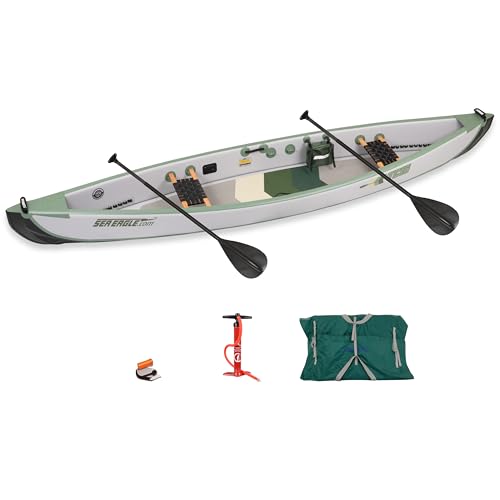 Sea Eagle TC16 Inflatable 16’ High Pressure Drop Stitch Travel Canoe-Wood Web Seats, Pump, Bag and Optional Paddles for Lakes, Rivers & Bays-Easy to Transport, Pack & Stow (TC16 Startup Package)
