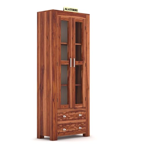 Image of Wood Book Shelf for Home Library | Wooden Book Shelf with Glass Door | Kitchen Crockery Cabinet, Almirah, Home Furniture, Books Rack, Book Stand, BookCases, Shelves, Honey Finish
