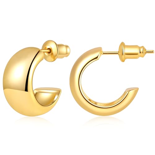 Gamicy Small Gold Hoop Earrings for Women with 925 Stering Silver Post, 14K Real Gold Plated Chunky Lightweight Hoops Earrings