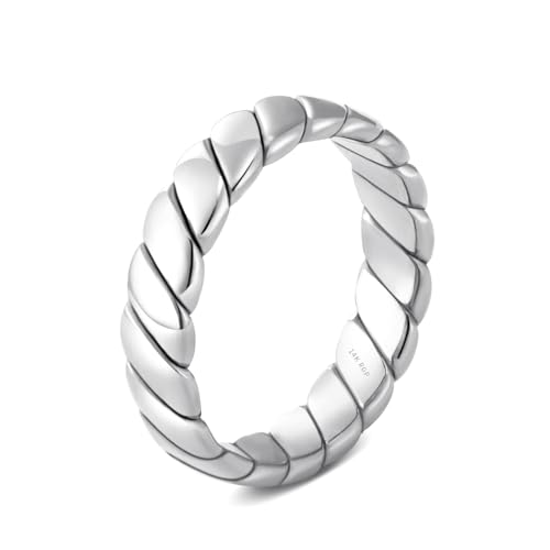 NVWAROCK 4mm Silver Twisted Rings for Women 14K White Gold Plated Stacking Bands Non Tarnish Flat Cute Thumb Pinky Statement Ring Size 6