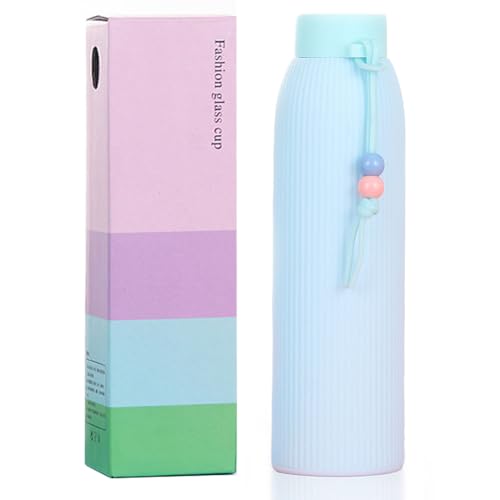 LEKAYIHU Slim Glass Tumbler,Macaron Color Water Glasses,Water Bottle,Iced Coffee Cup & Smoothie Cup With Sleeve | for Travel, School | Blue | No Straw | Cute | Gifts for Women Men |11oz (Blue)