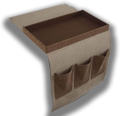 Portamandos de sofá en sofisticada polipiel beige y marrón con bandeja superior 2