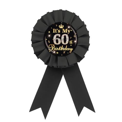 Image of It's My 60th Birthday Tinplate Badge Pin, Gold Diamond Happy 60th Birthday Button Pin, Black Rosette Sixty Award Ribbon for Women, Brooch Buttons for 60 Years Old Birthday Party Decoration