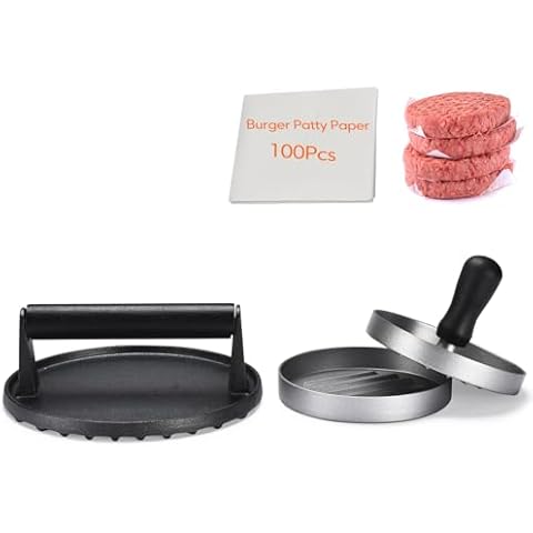 TIFMI 7" Burger Press & 4.6" Hamburger Press Patty Maker, Non-Stick Aluminum with 100 Patty Papers BPA Free, Cast Iron Grill Press for Perfectly Seared Bacon,Panini,Steak & Sandwiches Cover