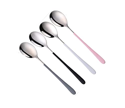 Image of YANCI Silverware Set, Stainless Steel Korean Silver Plated Round Head Soup Spoon, Table Spoon with 8.11 inch Long Handle Coffee Ice Cream Dessert Dinner Spoons Scoop (Random Color, 4 Pieces)