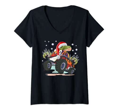 Photo de Femme Monster Truck T-Rux T Rex Dinosaure Père Noël pour garçons. T-Shirt avec Col en V