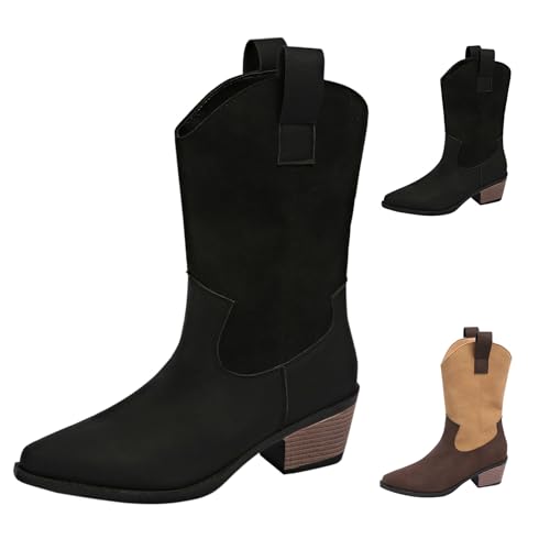 MJGkhiy Botas de Mujer Texanas Camperos Botas Con Tacón de Bloqueo Cuero Bota Punta Negras Ante Boots Cómodos Western Botines Cowboy Botines Marrones, Negro , 35 EU