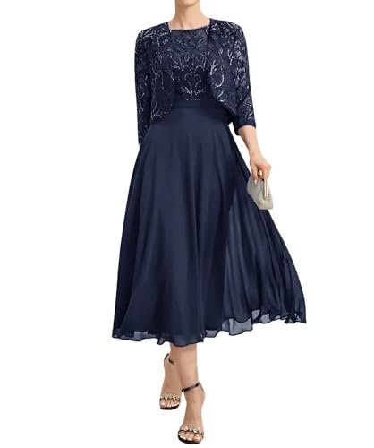 2 Piece Mother of The Bride Dresses Tea Length Chiffon Lace 3/4 Sleeves Mother of The Groom Dresses with Jacket