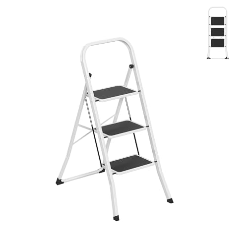 YRHome Escabeau pliable à 3 marches avec main courante - Échelle domestique - Stable, extra large, facile à plier, max. 150 kg pour la maison et le bureau (noir/blanc)