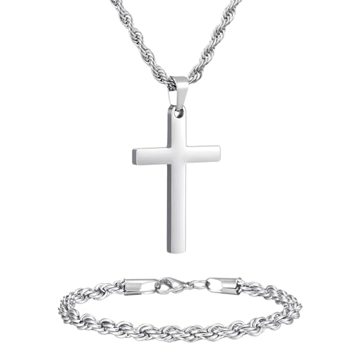 NORBU Stainless Steel Cross Necklace and Bracelet Set for Men, Rope Link Chains 20