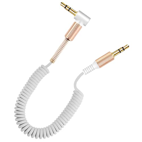 Image of skysia 3.5mm AUX Cable - Spiral Spring Male-to-Male Audio Cord with 90 Right Angle Jack, Stretchable & Tangle-Free Steel Spring Design for Car, Headphones & Speakers Etc (Pack of 1) (White)