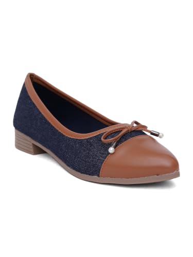 Image of TRYME Women's Denim Bow Belly Ballerina Flats | Lightweight Slip-On Casual Shoes | Soft Sole Comfortable Footwear