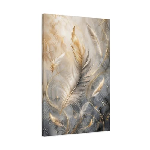 Tableau plumes or et gris décoration murale salon vertical 50x75