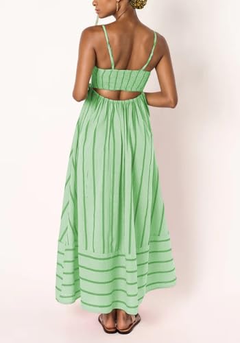 Image of Women's Summer Striped Maxi Dress Spaghetti Strap Sleeveless Smocked Trendy Flowy Beach Long Dresses