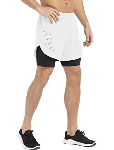 Gesean Men’s 2 In 1 Running Shorts 5" Quick Dry Gym Athletic Workout Shorts For Men With Phone Pockets White Large #TOP2