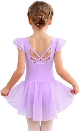 MdnMd Girls Dance Ballet Leotards Dresses for Toddler Ballerina Outfit Skirt Hollow Knot Back Flutter Sleeve