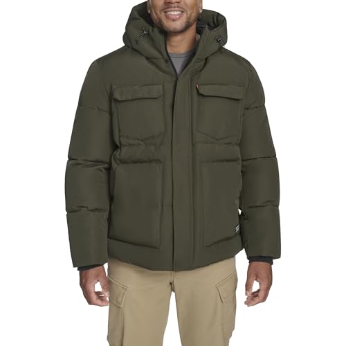 Levi's Men's 2-Chest Pocket Hooded Puffer, Olive, 4X