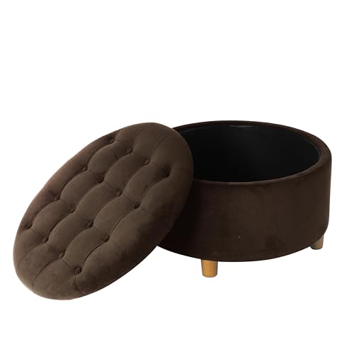 Image of HomePop 28 inch Button Tufted Velvet Round Storage Ottoman - Chocolate Brown Velvet