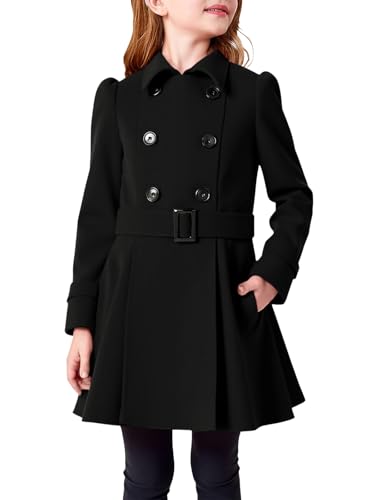 Image of Haloumoning Girls Double Breasted Pea Coat Kids Winter Lapel Belted Wool Blend Coat Outerwear 5-14 Years