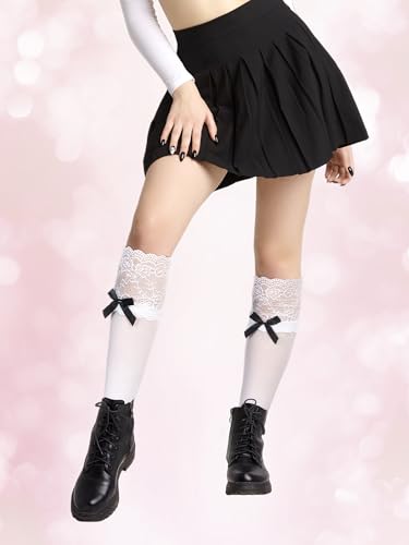 4 Pairs Womens Lace Knee High Socks Calf Socks Fishnet with Bow Knot White Lace Trim Long Boot Stockings Lolita over Knee Silky Stockings3