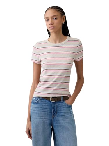 GAP Women's Short Sleeve Ribbed Knit Top, Khaki Stripe, X-Large