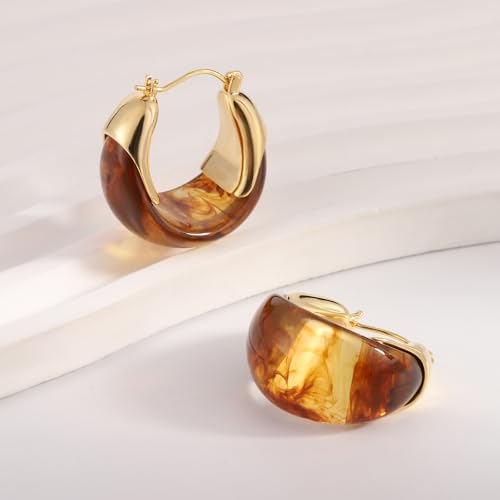 14k Gold Plated Amber Resin Hoop Earrings for Women Trendy, Hypoallergenic Chunky Gold Earrings Jewelry Gifts for Sensitive Earlobes3